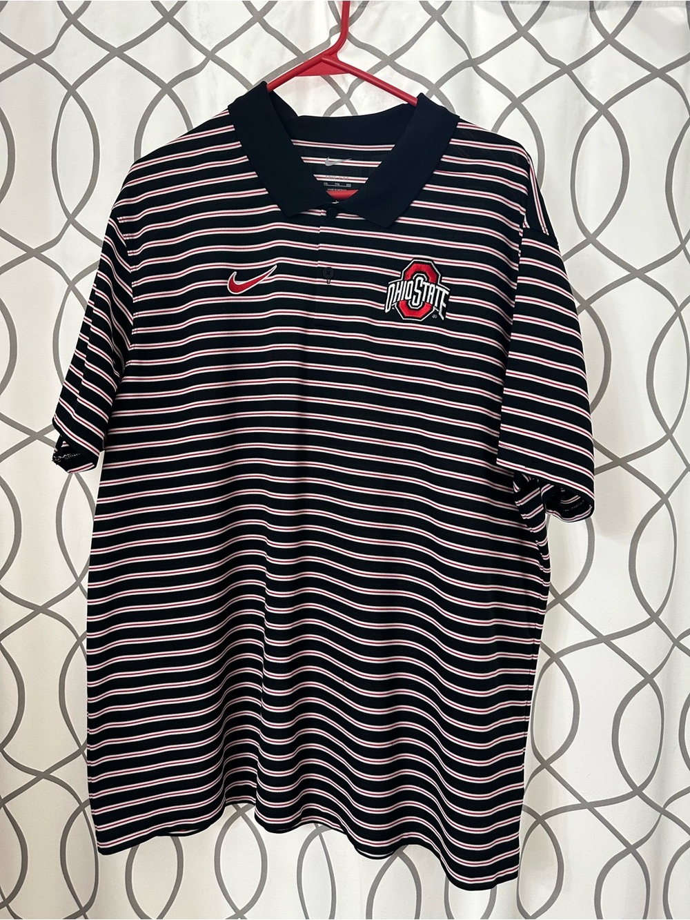 Nike Men's Black Polo with White and Red Stripes